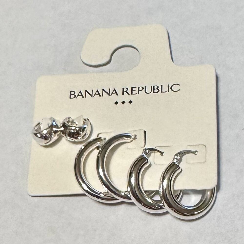 Banana Republic Round Hoop Earrings Set Silver NWT